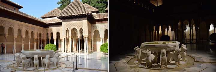 two views of the alhambra, courtyard of lions in daytime and at night