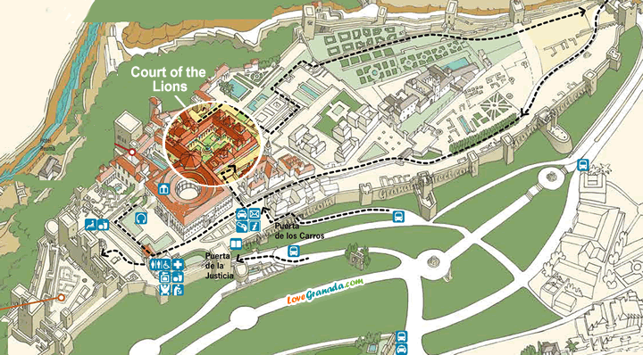 location and what the patio of the lions is surrounded by