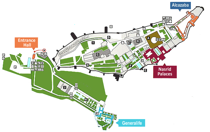 location map of the Nasrid palaces, Alcazaba, Partal and Generalife