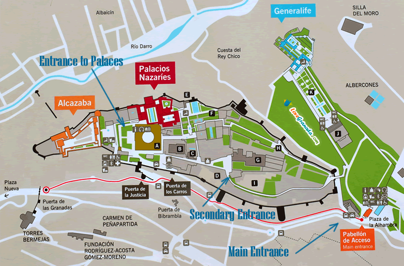 map of entrances to the alhambra