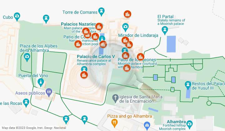 map of the palaces of the alhambra, mexuar, comarres, patio de los leones and others