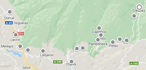map of stops in the towns of the alpujarra