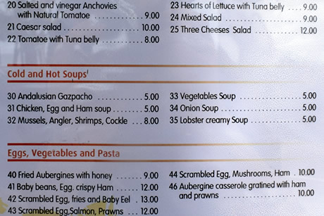 menu with the prices of the restaurant paco house
