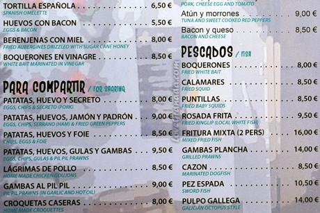 list ofthe prices in the higuitos bar
