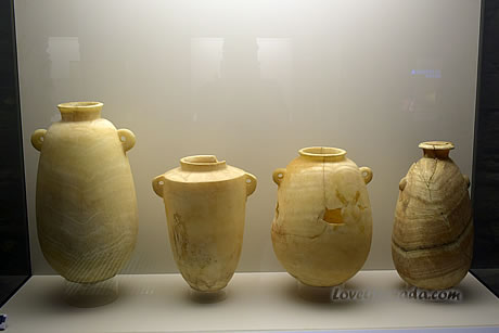 four beautiful pieces of pottery inarchaeological museum