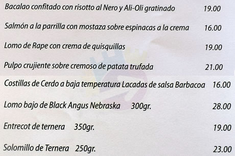 price list of meat, fish and rice dishes at mar dela restaurante