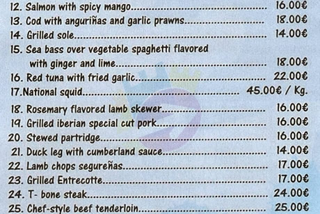 list of prices in nuevo arenas restaurant