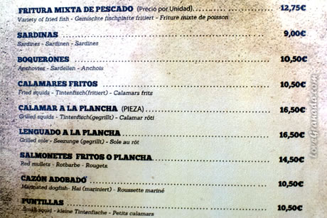 menu with prices in restaurant casa emilio