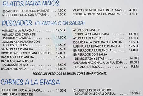 menu with prices restaurant biznaga