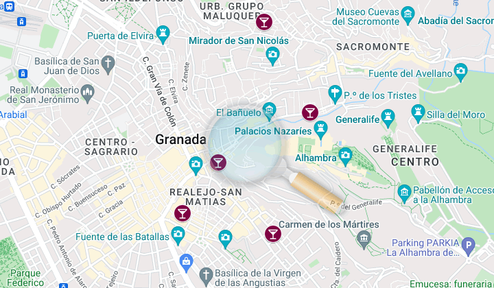 location map of the tapas bars of granada
