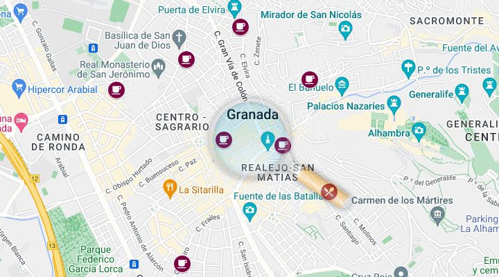 location map of coffee houses in granada