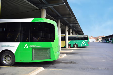 interior of Granada bus station with Alhambra sign