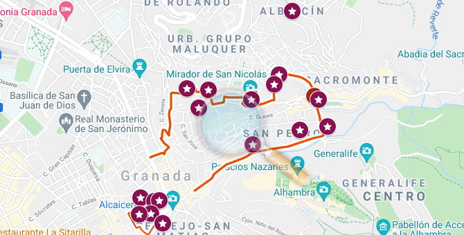map with the location of the main places to see in granada second day