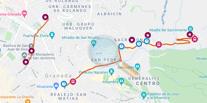 map of the itinerary of what to do in three days in granada
