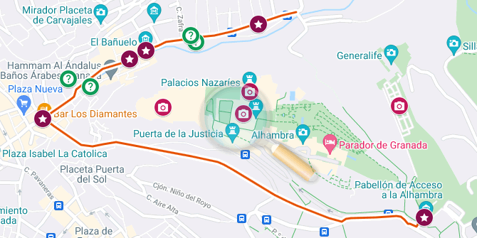 map of the itinerary to see in granada in one day