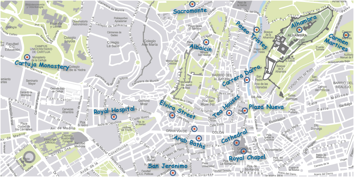 map of monuments and essential corners of granada