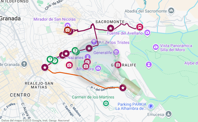 map of the itinerary first day in granada