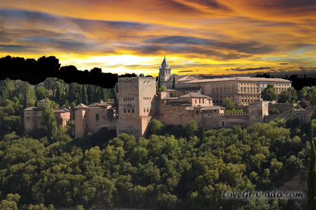 view of sunset with alhambra in background