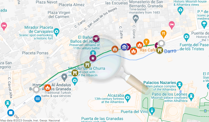 map of the historical sites in Carrera del Darro de Granada