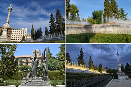 view of the triufo gardens in granada and the fountain