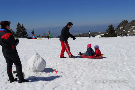 borreguiles area children with round sleds