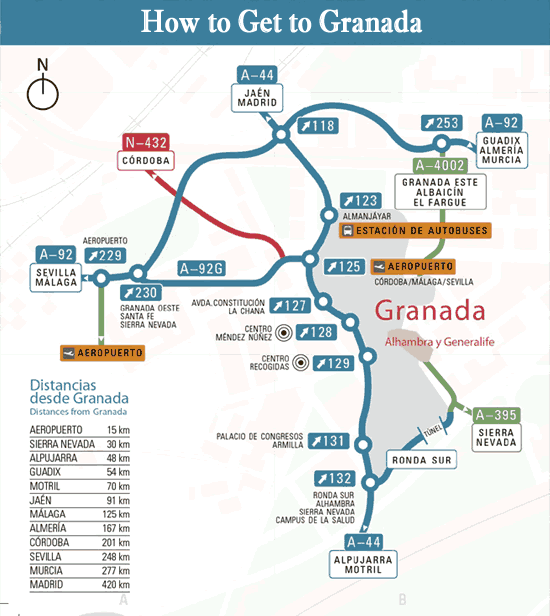 map of different routes to granada