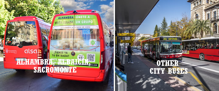 three types of red buses in granada