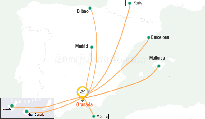 map of direct flight destinations from granada to other cities in spain