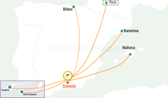 destination map of direct flights from Granada to other cities in Spain